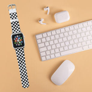 Black White Chequered Pattern Gold Monogrammed Apple Watch Band
