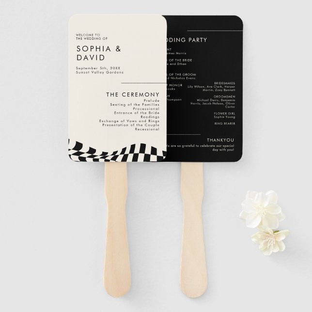 Black & white chequered pattern Wedding Program Hand Fan (Front and Back)