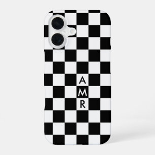Black White Chequered Pattern with Monogram iPhone 16 Case