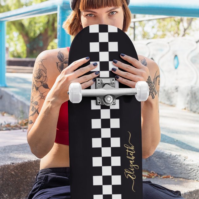 Black White Chequered Racing Flag Gold Monogram Skateboard (Black White Checkered Racing Flag Gold Monogram Skateboard)