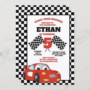 Black White Chequered Red Race Car Birthday Party Invitation