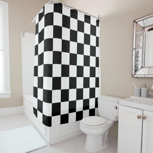 Black White Chequered Shower Curtain (In Situ)