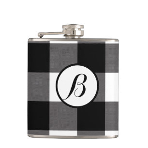 Black & White Chequered Squares Buffalo Plaid Hip Flask