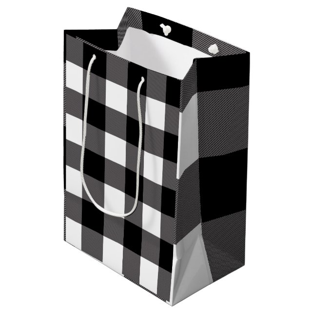 Black & White Chequered Squares Buffalo Plaid Medium Gift Bag (Front Angled)
