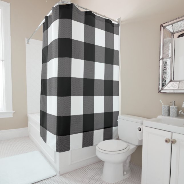 Black & White Chequered Squares Buffalo Plaid Shower Curtain (In Situ)