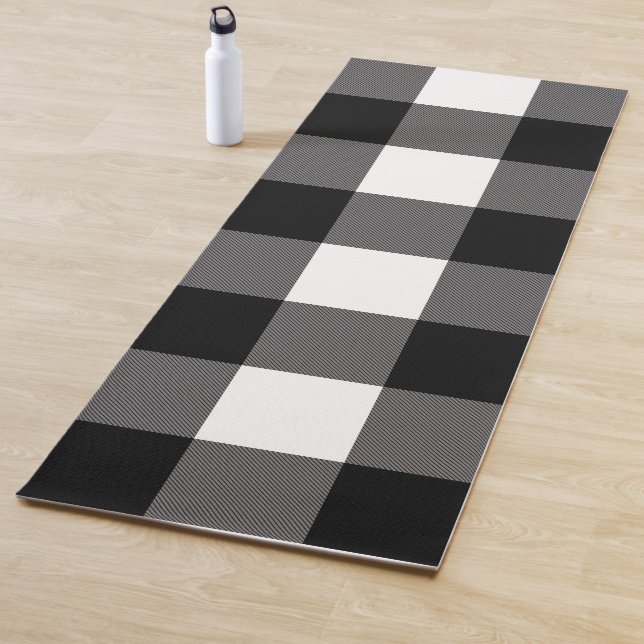Black & White Chequered Squares Buffalo Plaid Yoga Mat (In Situ)