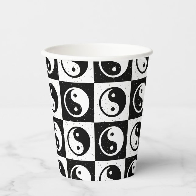 Black White Chequered Yin-yang Zen Block Print Paper Cups (Front)