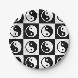 Black White Chequered Yin-yang Zen Block Print Paper Plate