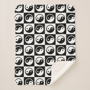 Black White Chequered Yin-yang Zen Block Print Sherpa Blanket