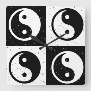 Black White Chequered Yin-yang Zen Block Print Square Wall Clock