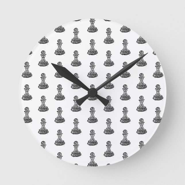 Black & White Chess Figures Linocut Pawn Round Clock (Front)
