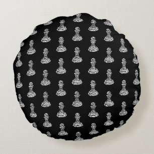 Black & White Chess Figures Linocut Pawn Round Cushion