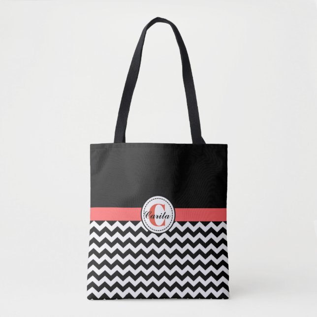 Black/White Chevron All-Over-Print Tote Bag (Front)