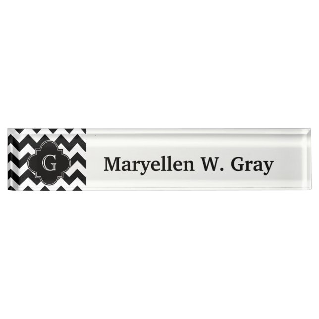 Black White Chevron Black Quatrefoil Monogram Nameplate (Front)