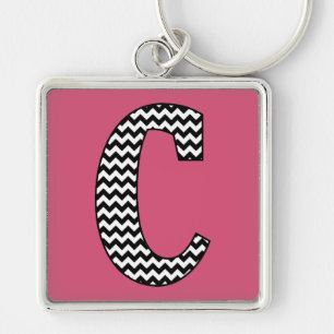 Black & White Chevron "C" Monogram Square Keychain
