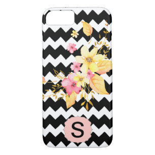 Black & White Chevron Floral Monogram Case-Mate iPhone Case