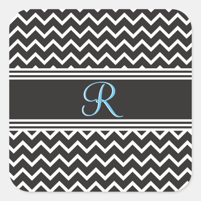 Black | White Chevron Gothic Zigzag Monogram Square Sticker (Front)
