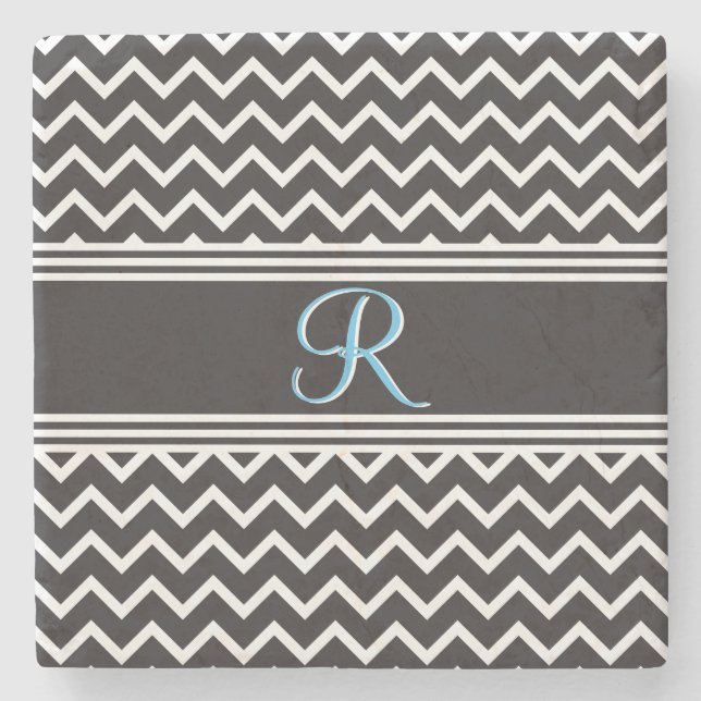 Black | White Chevron Gothic Zigzag Monogram Stone Coaster (Front)
