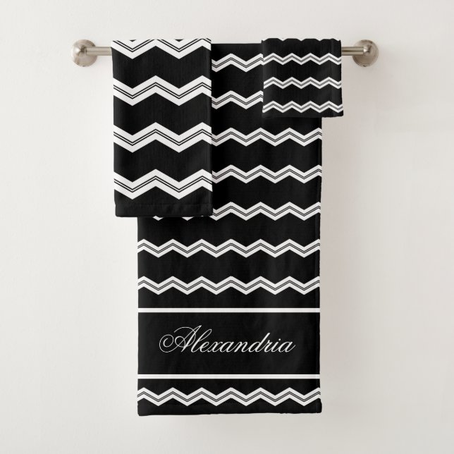 Black White chevron pattern Bath Towel Set (Insitu)