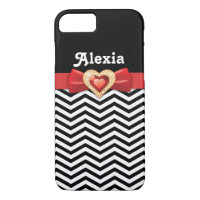 Black white chevron pattern with red bow and jewel