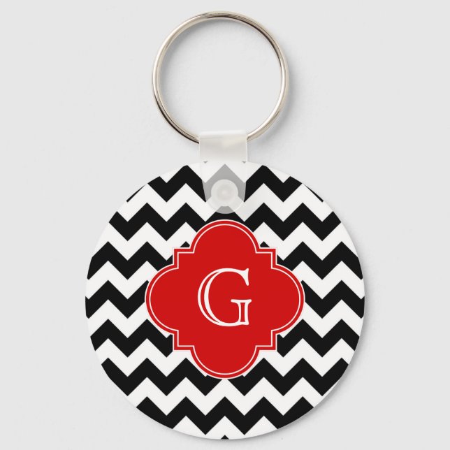 Black White Chevron Red Quatrefoil Monogram Key Ring (Front)