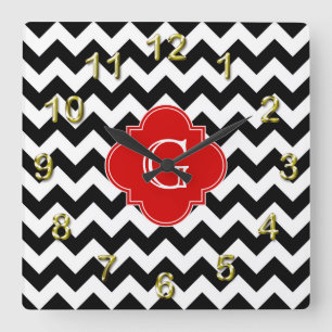 Black White Chevron Red Quatrefoil Monogram Square Wall Clock