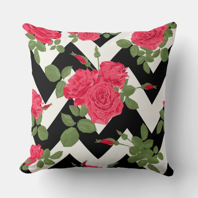 Black/White Chevron Rose Decorative Pillow (Front)