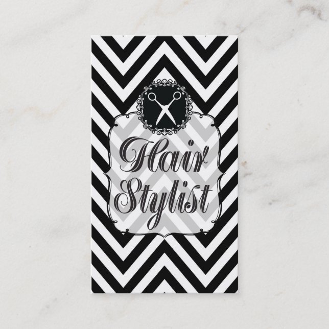 Black & White Chevron Scissors Hair Stylist Appointment Card (Front)