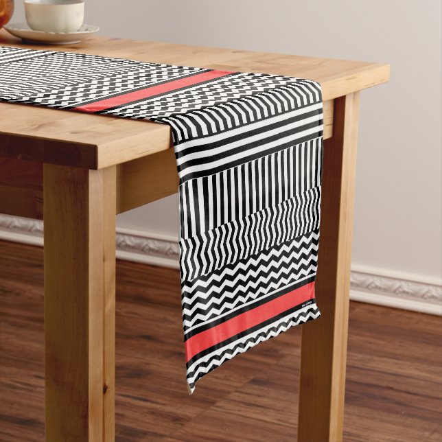BLACK WHITE CHEVRON STRIPES + RED BAND SHORT TABLE RUNNER (In Situ)