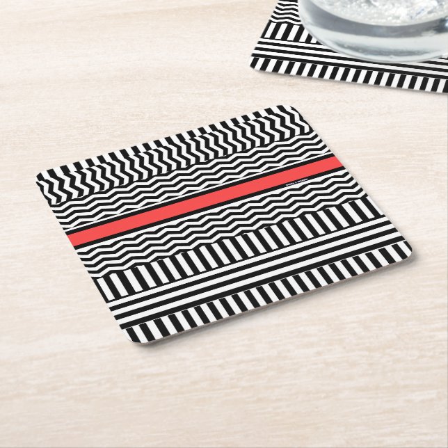 BLACK WHITE CHEVRON STRIPES + RED BAND SQUARE PAPER COASTER (Angled)
