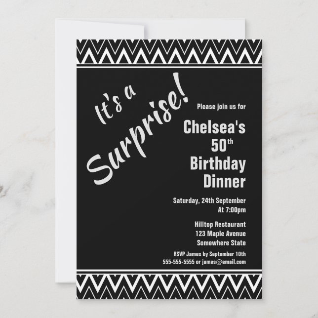 Black White Chevron Surprise 50th Birthday Dinner Invitation (Front)