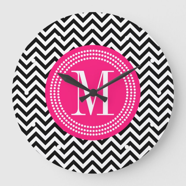 Black & White Chevron Zigzag Personalised Monogram Large Clock (Front)