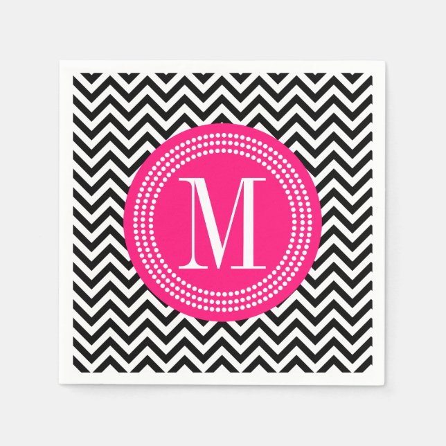 Black & White Chevron Zigzag Personalised Monogram Napkin (Front)