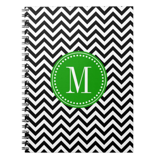 Black & White Chevron Zigzag Personalised Monogram Spiral Notebook (Front)