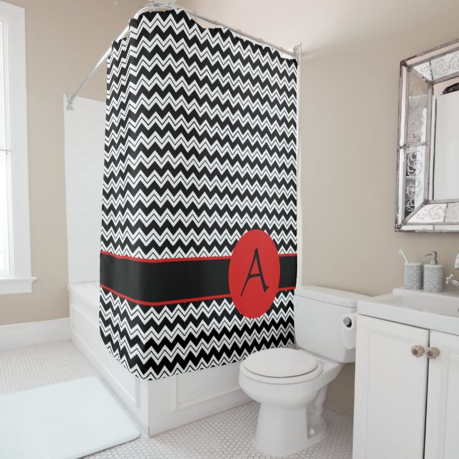 Black White Chevron ZigZag Red Monogram Custom Shower Curtain (In Situ)