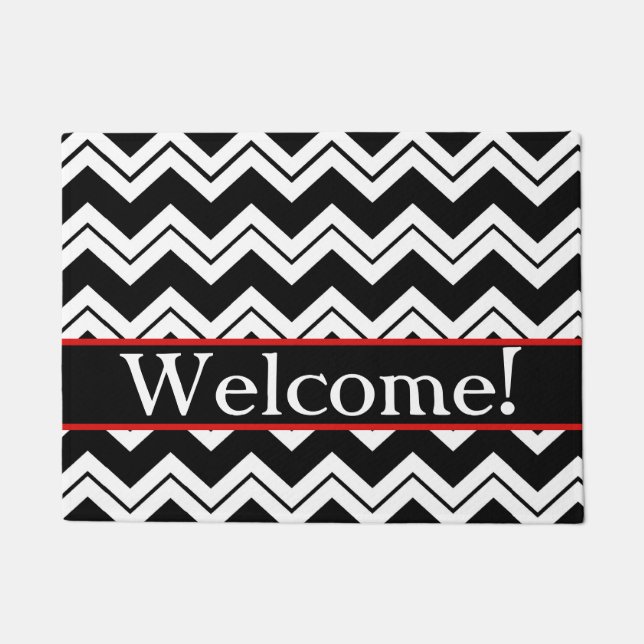 Black White Chevron ZigZag Welcome Custom Doormat (Front)