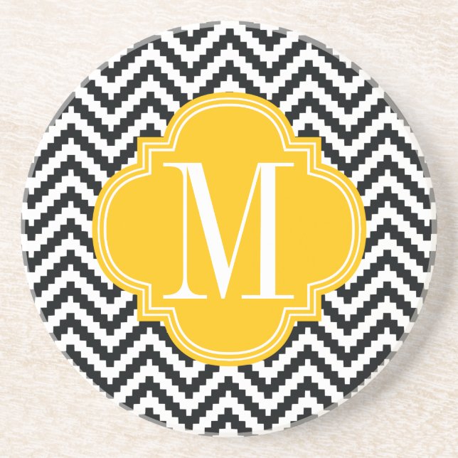 Black & White Chic Aztec Chevron Monogrammed Coaster (Front)