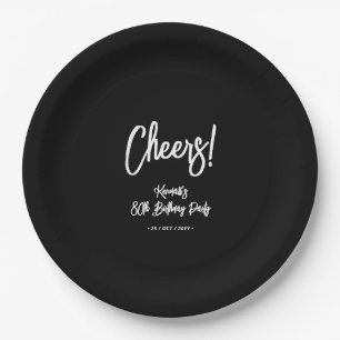 Black & White Chic Cheers 80th Birthday Party Paper Plate