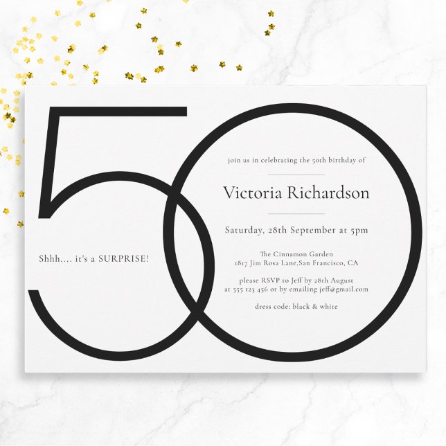 Black White Chic Minimalist Surprise 50th Birthday Invitation (Mockup View)