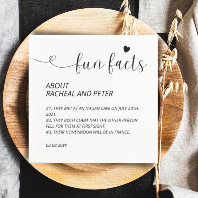 Black White Chic Modern Fun Facts Script Wedding Napkin (Creator Uploaded)