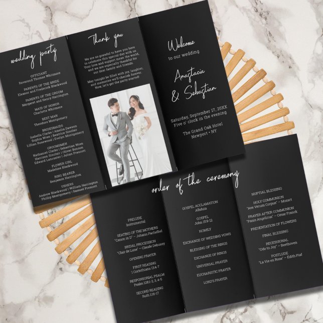 Black & White Chic Script Trifold Wedding Program Flyer (Black & White Chic Script Trifold Wedding Program Flyer)