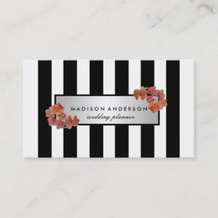 Black White Chic Stripes Silver Vintage Floral Business Card