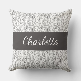 Black White Chic Toile Floral Custom Name Cushion