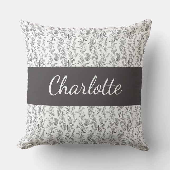 Black White Chic Toile Floral Custom Name Cushion (Front)