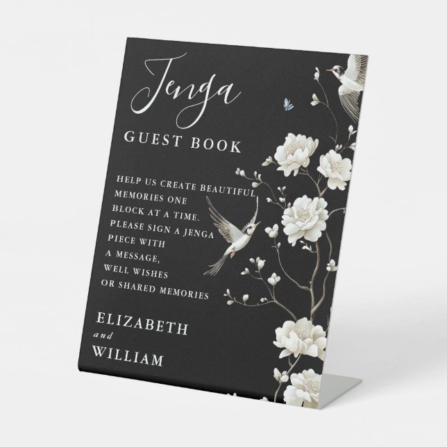 Black White Chinoiserie Jenga Guest Book Wedding Pedestal Sign (Front)