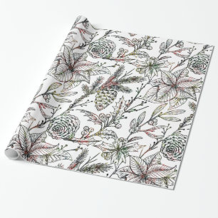 Black & White Christmas Holly Pattern Wrapping Paper