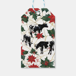 Black & White Christmas Holstein Dairy Cows Floral Gift Tags