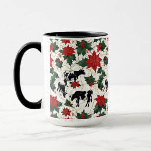 Black & White Christmas Holstein Dairy Cows Floral Mug