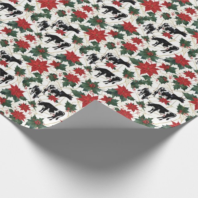 Black & White Christmas Holstein Dairy Cows Floral Wrapping Paper (Corner)