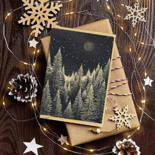 Black & White Christmas Night Forest Moon Trees Holiday Card